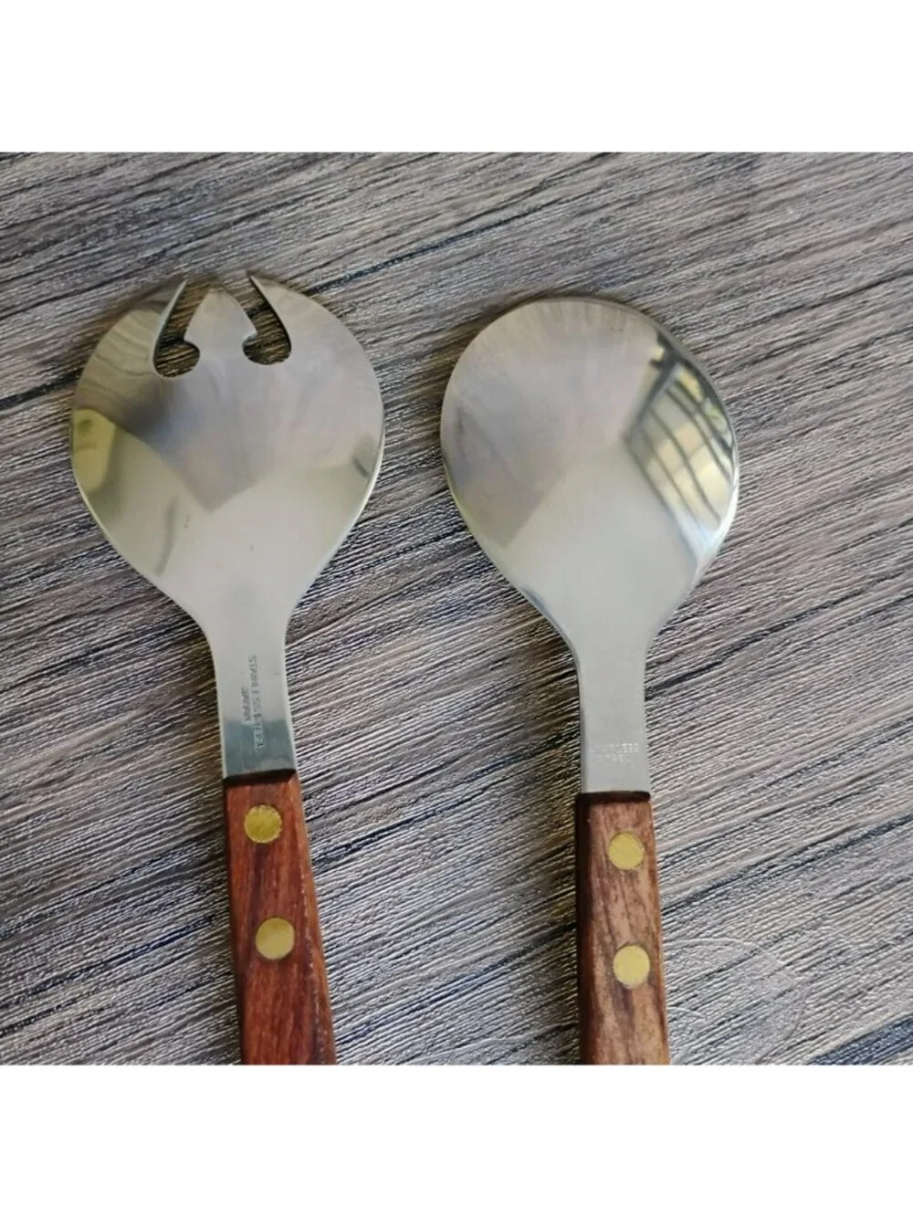 Vintage Salad Serving Set Wood Handle Stainless Steel Japan MCM Mid-Century